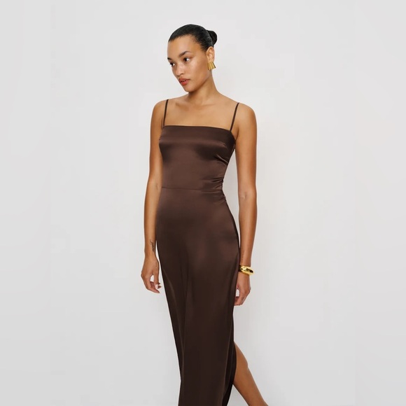 NEW Reformation Frankie Silk Maxi Navy Dress Gown Cafe Brown | US 0 UK 4 - Picture 3 of 13